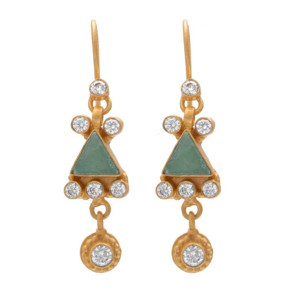 Green Aventurine and Cubic Zirconia Triangle Earrings By Rubyteva Design