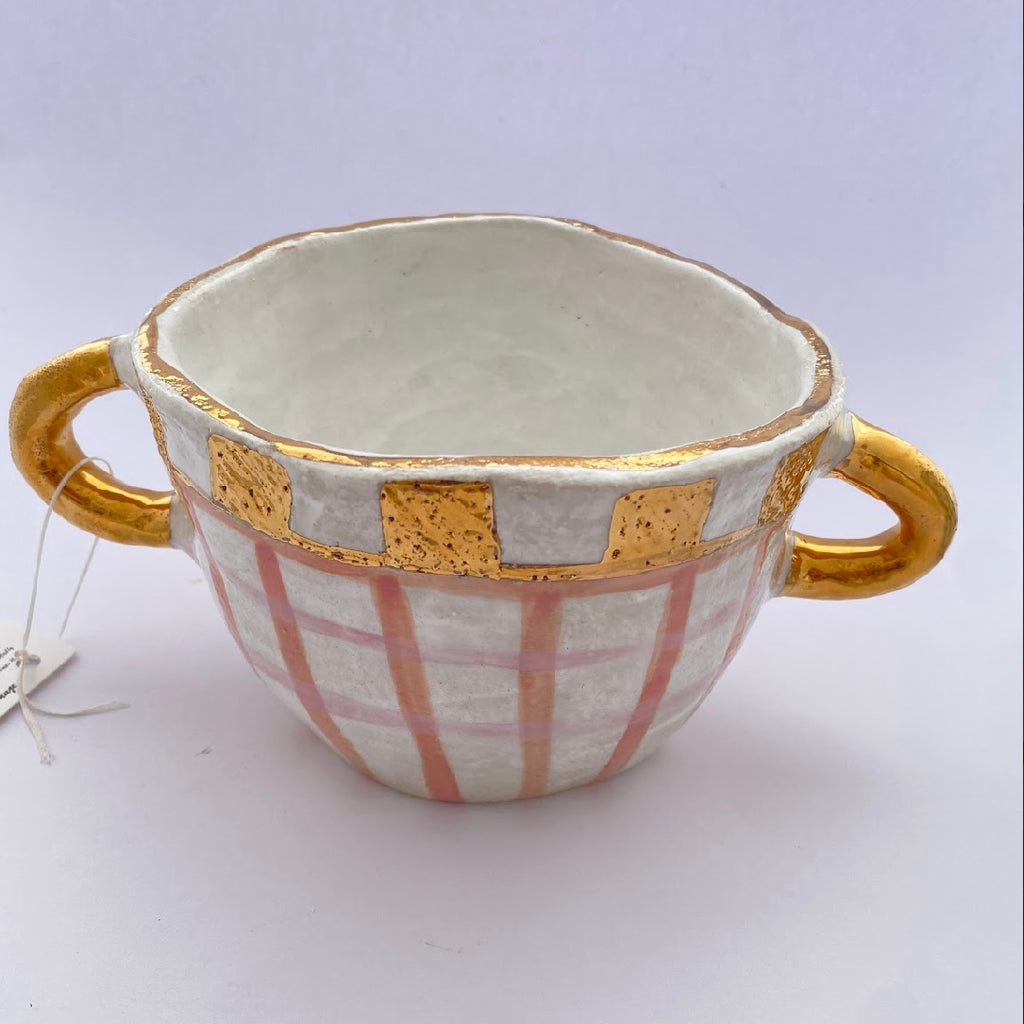 'MINI BINI' Pink and Gold lustre Pot/Vase #2 WITH HANDLES' HANDMADE BY CARLA DINNAGE