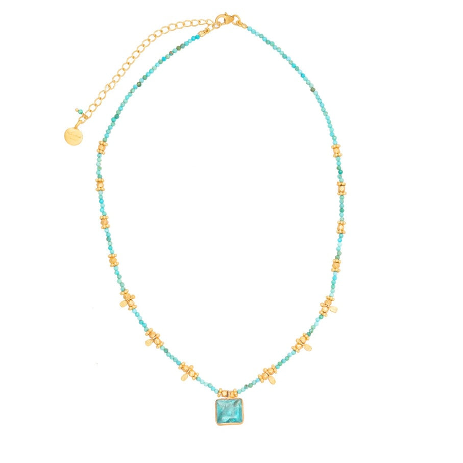 Short Turquoise Bead Necklace with Apatite Pendant & Gold Charms By Rubyteva Design