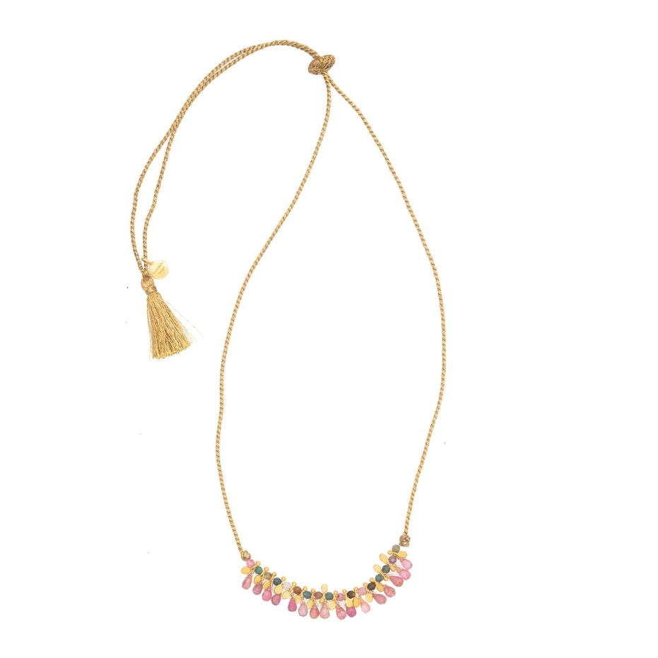 Tear Drop Pink Tourmaline with Gold Charms and Multi Tourmaline on Gold Silk By Rubyteva Design
