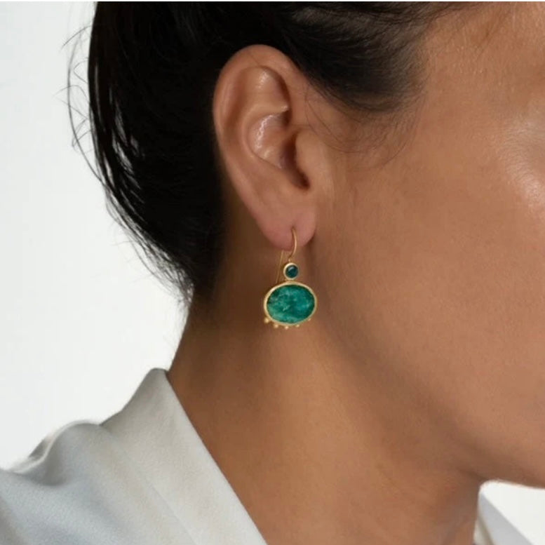 Banjara Gold Plate Earrings with Simulated Emeralds By Rubyteva Design