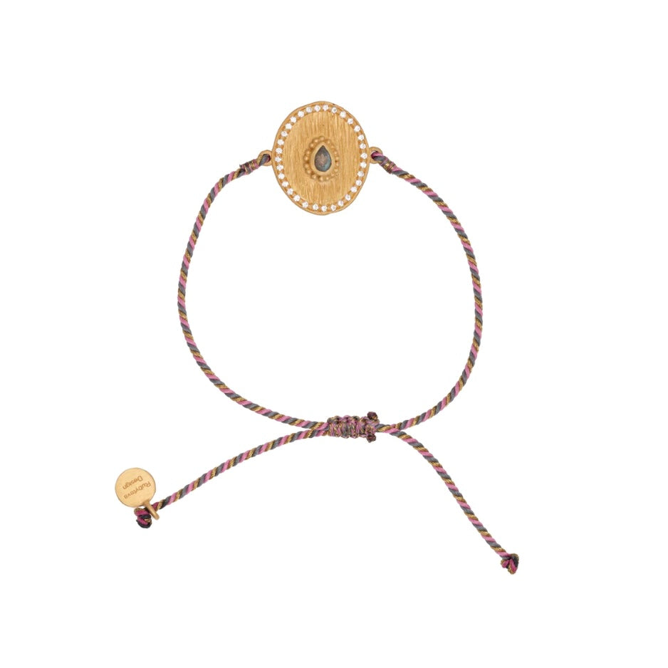 Adjustable Gold Plate Labradorite & Zirconia Bracelet with Pink Silk String By Rubyteva Design