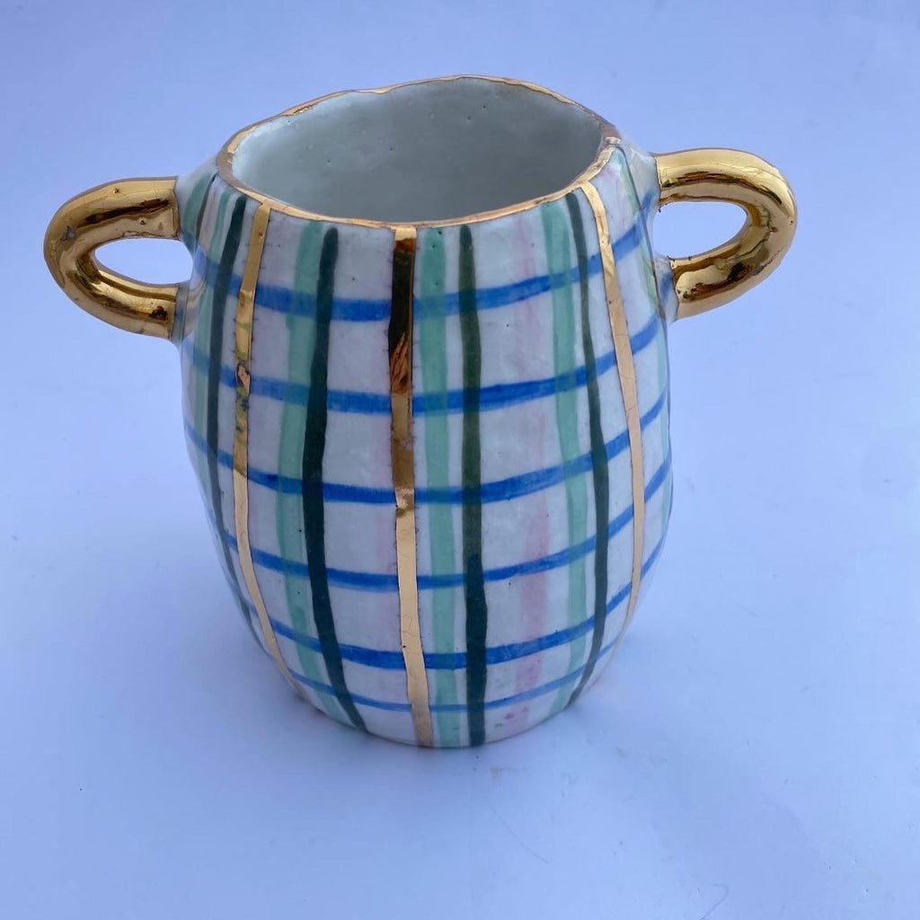 'TARTAN BLUE, GREEN AND PINK POT WITH HANDLES' HANDMADE BY CARLA DINNAGE