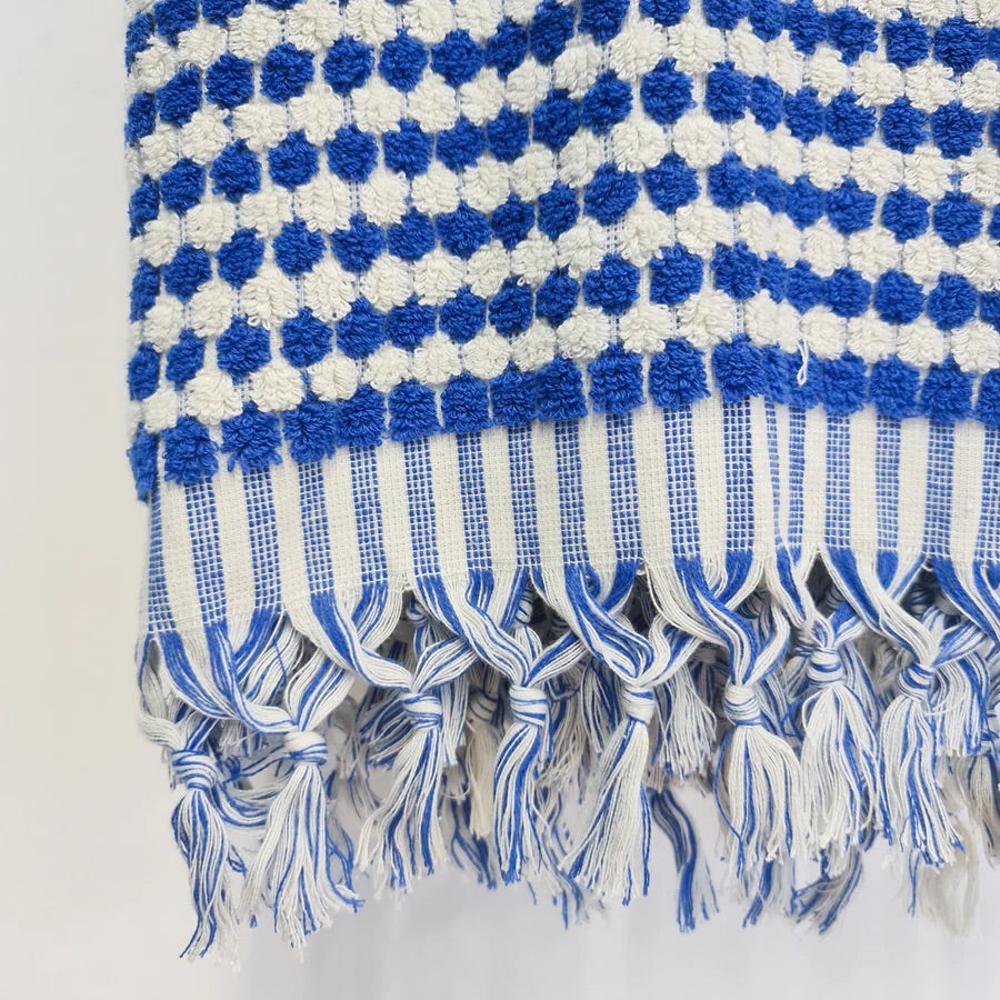 THIRSTY TOWEL CO. Limited Edition Blue and White Pom Pom Turkish Bath Sheet Towel 100% Cotton