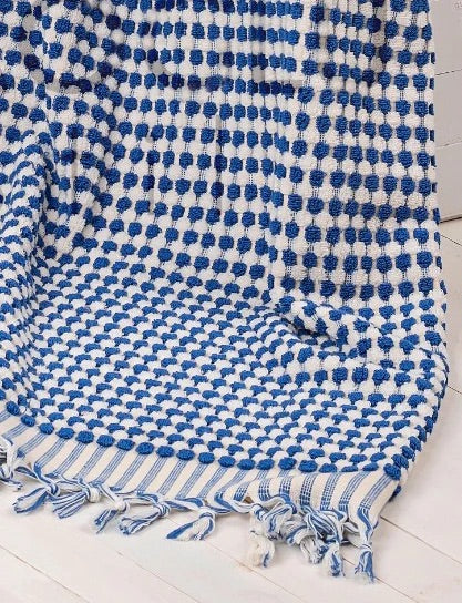 THIRSTY TOWEL CO. Limited Edition Blue and White Pom Pom Turkish Bath Sheet Towel 100% Cotton
