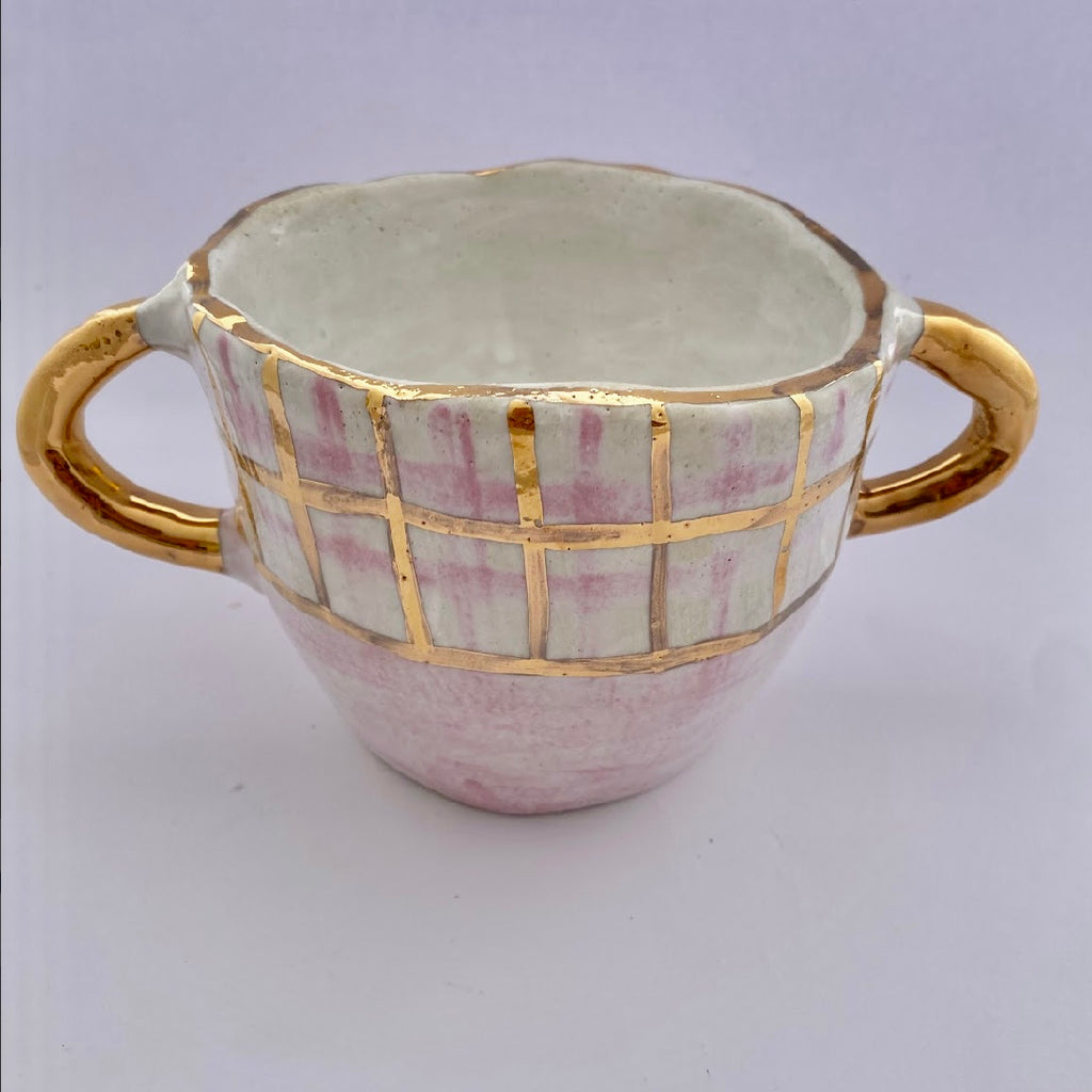 'MINI BINI' Pink and gold lustre pot with handles #4 HANDMADE BY CARLA DINNAGE