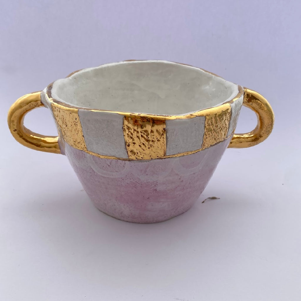 'MINI BINI' PINK AND GOLD LUSTRE SQUARES VASE/POT #3 WITH HANDLES' HANDMADE BY CARLA DINNAGE